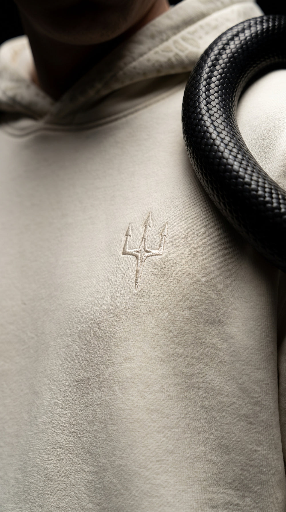 Detalle del logo de Trinova bordado tono sobre tono en el pecho izquierdo de la sudadera marfil