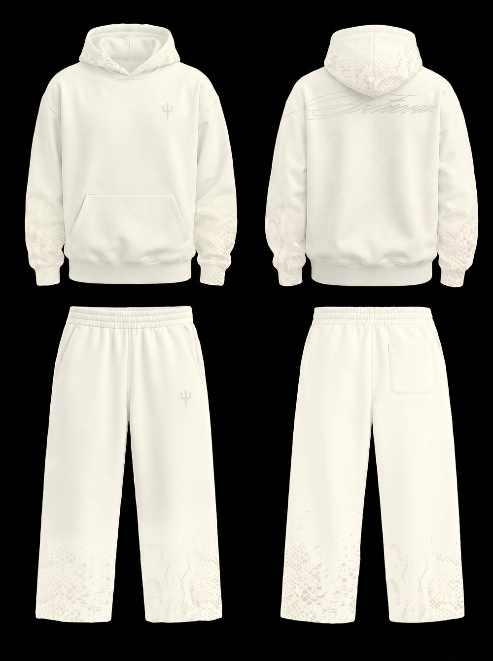 Las cuatro vistas del conjunto Trinova: sudadera de frente y espalda con el lettering, y pantalón wide leg de frente y espalda con el degradado de escamas